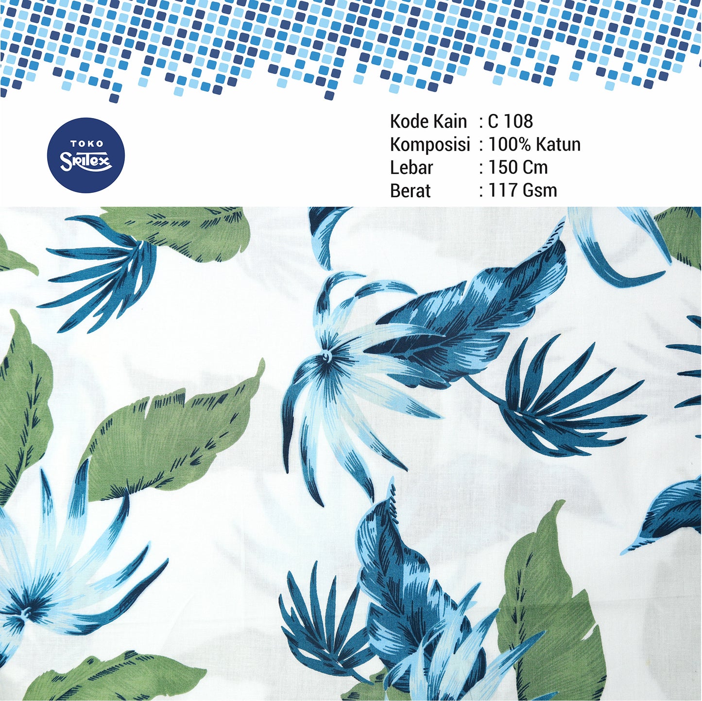 Toko Sritex Kain Katun Print Bunga Cempaka Premium Ekspor C108. Harga per 45cm, Lebar 150cm