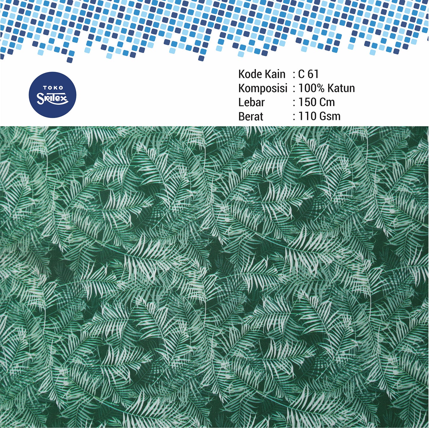 Toko Sritex Kain Katun Print Lumut Daun Premium Ekspor, C61. Harga per 45cm, Lebar 150cm.