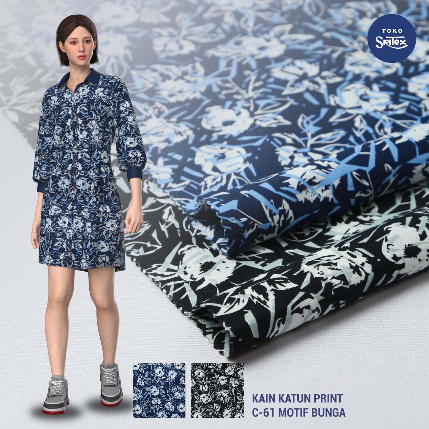 Toko Sritex Kain Katun Print Sketsa Mawar Premium Ekspor, C61. Harga per 45cm, Lebar 150cm.