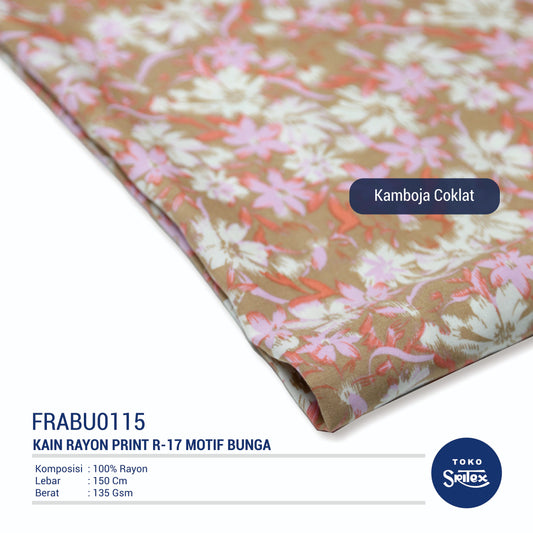 Toko Sritex Kain Rayon Print Bunga Kamboja Premium Ekspor, R17. Harga per 45cm, Lebar 150cm