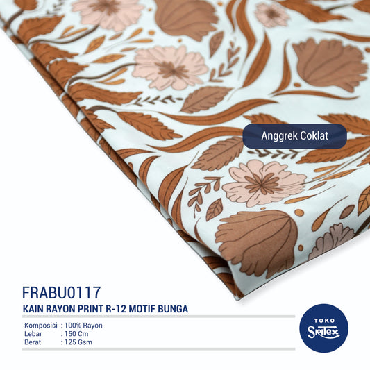 Toko Sritex Kain Rayon Print Bunga Anggrek Coklat Ekspor, R12. Harga per 45cm, Lebar 150cm