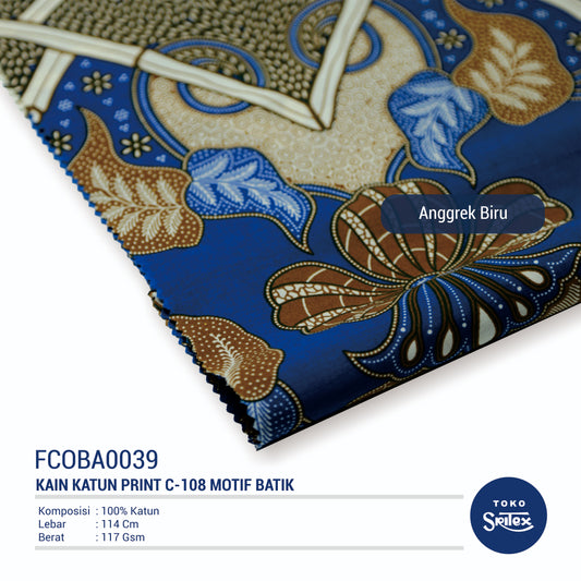 Toko Sritex Kain Katun Batik Anggrek Biru Premium Ekspor C108. Harga per 45cm, Lebar 114cm