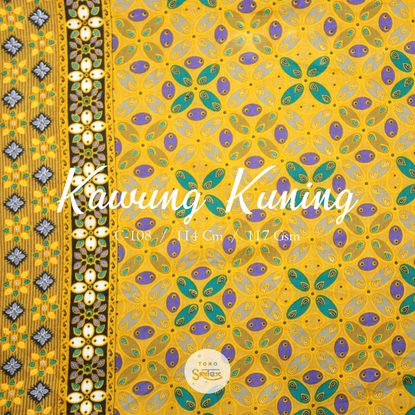 Toko Sritex Kain Katun Print Kawung Kuning Premium Ekspor C108. Harga per 45cm, Lebar 114cm.
