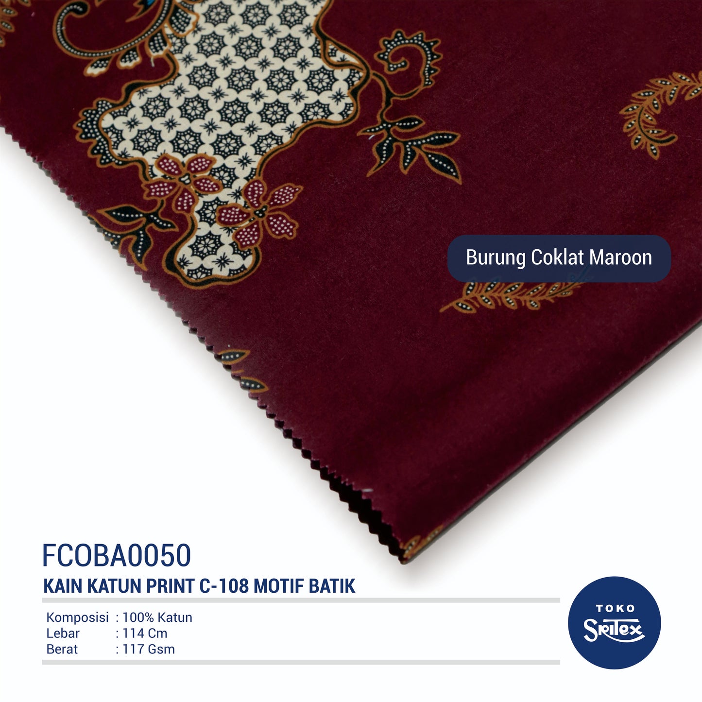 Toko Sritex Kain Katun Print Batik Burung Coklat Maroon Premium Ekspor C108. Harga per 45cm, Lebar 114cm.