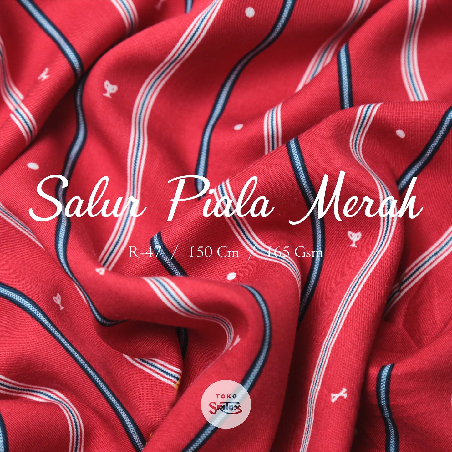 Toko Sritex Kain Rayon Twill Print Salur Piala Merah Premium Ekspor R47. Harga per 45cm, Lebar 150cm.