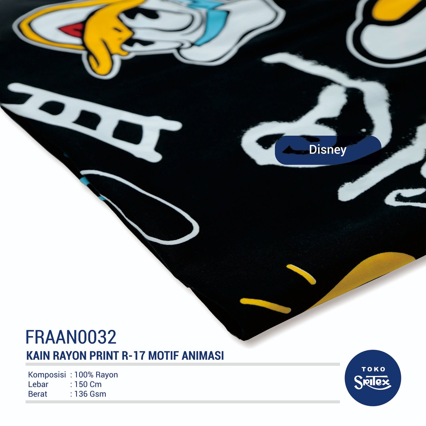 Toko Sritex Kain Rayon Print Animasi Disney Premium Ekspor, R17. Harga per 45cm, Lebar 150cm