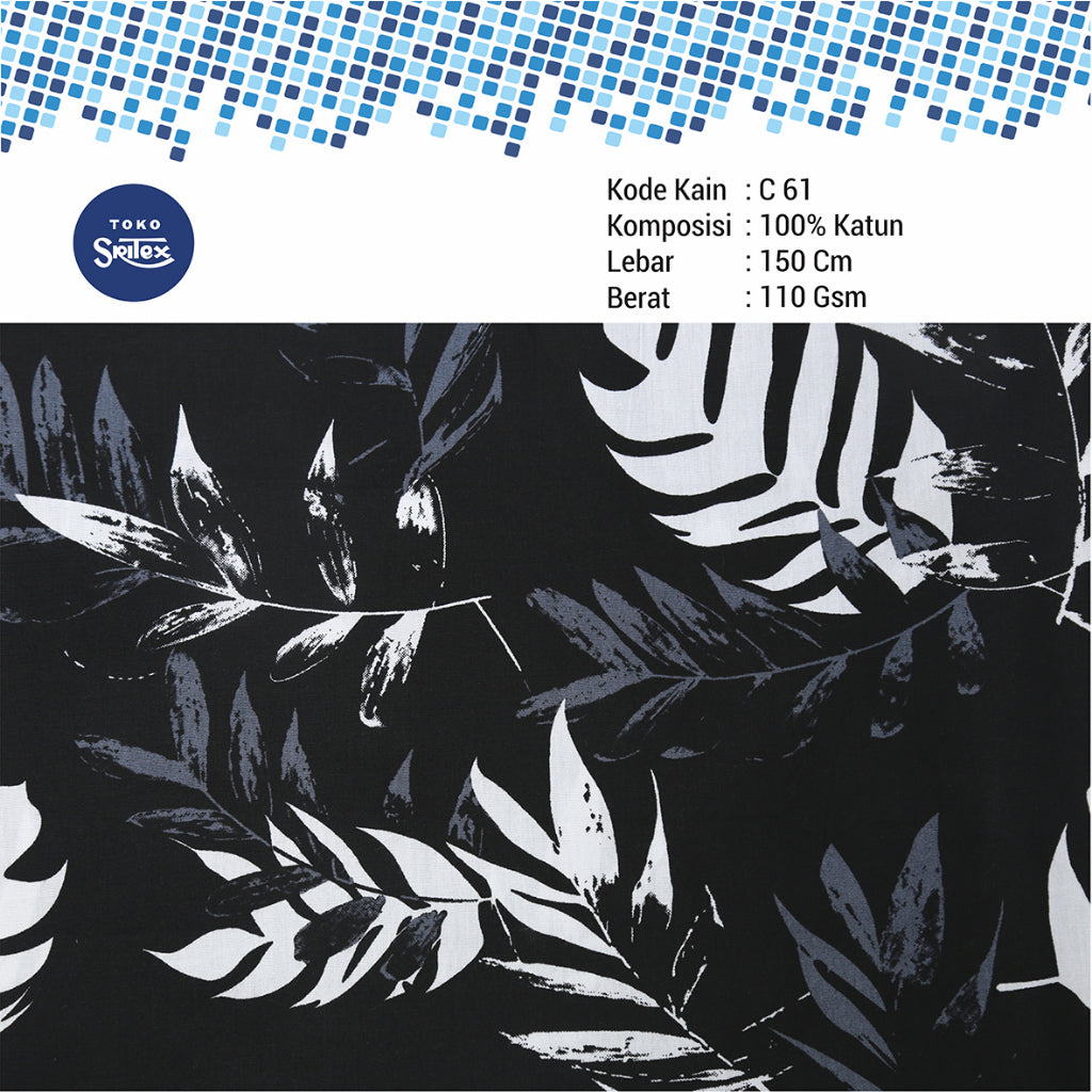 Toko Sritex Kain Katun Print Daun Palm Premium Ekspor, C61. Harga per 45cm, Lebar 114cm