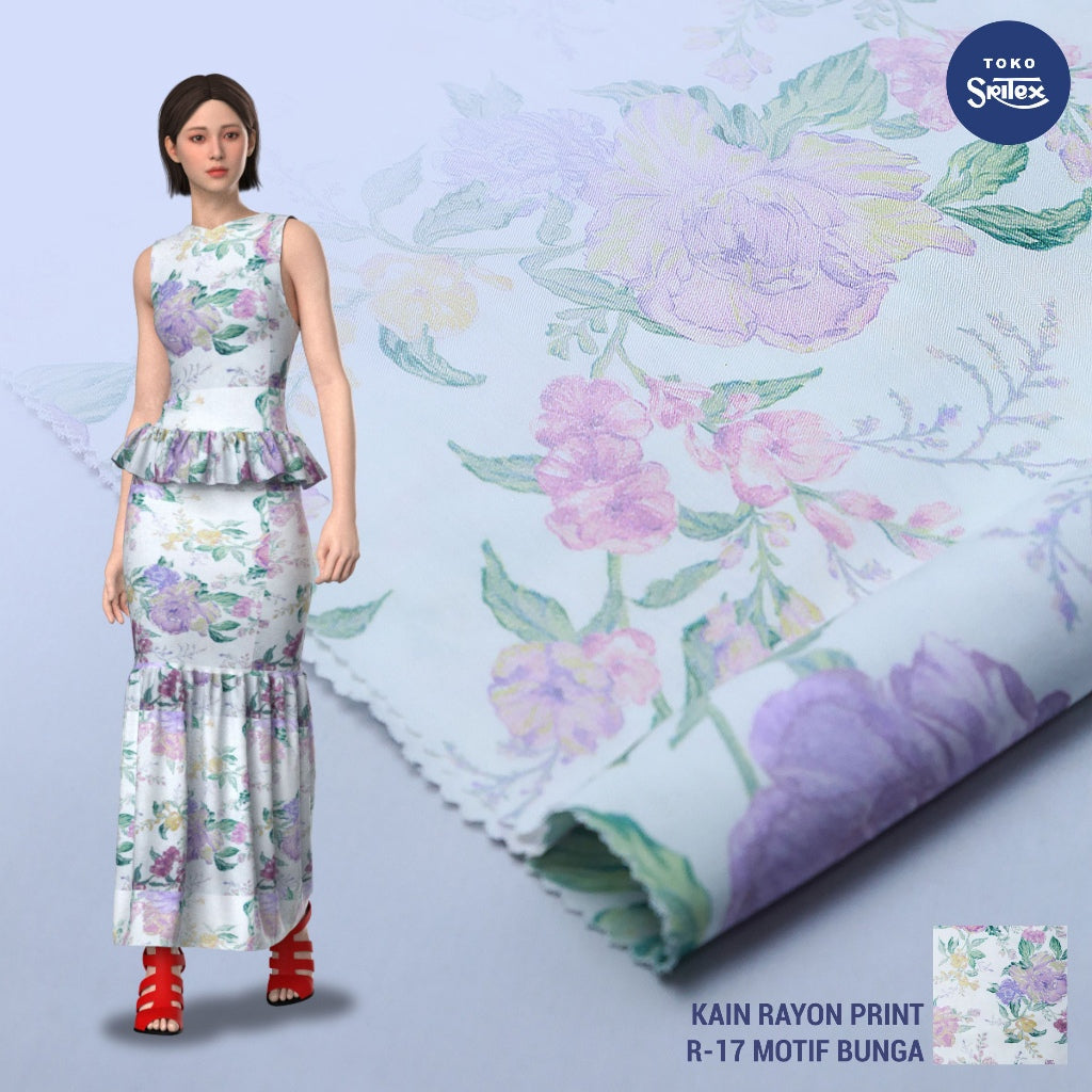 Toko Sritex Kain Rayon Print Mawar Pastel Premium Ekspor, R17. Harga per 45cm, Lebar 150cm