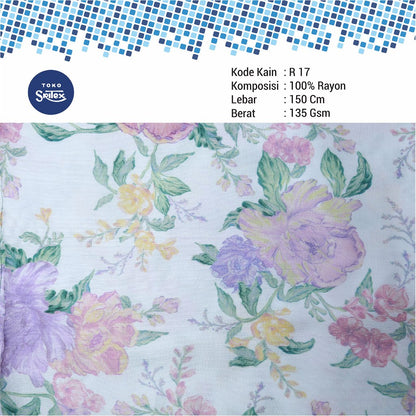 Toko Sritex Kain Rayon Print Mawar Pastel Premium Ekspor, R17. Harga per 45cm, Lebar 150cm