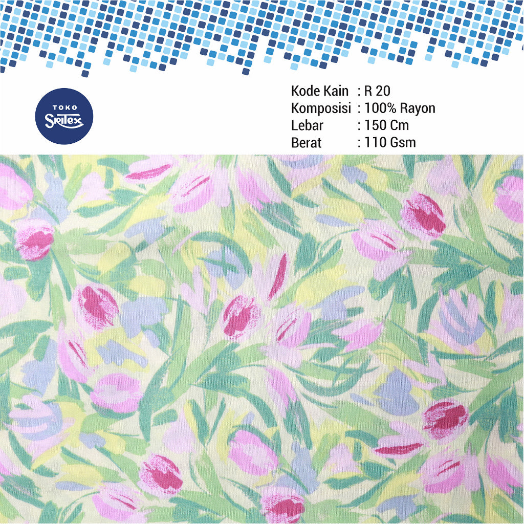 Toko Sritex Kain Rayon Print Bunga Tulip Premium Ekspor, R20. Harga per 45cm, Lebar 150cm