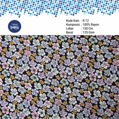 Toko Sritex Kain Rayon Print Bunga Sakura Premium Ekspor, R12. Harga per 45cm, Lebar 150cm