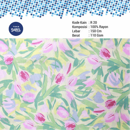 Toko Sritex Kain Rayon Print Bunga Tulip Premium Ekspor, R20. Harga per 45cm, Lebar 150cm