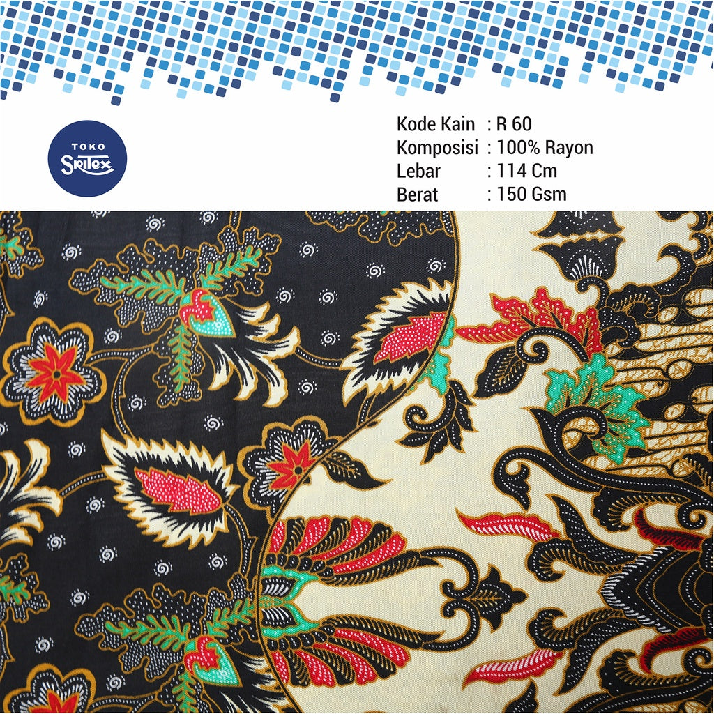 Toko Sritex Kain Rayon Print Batik Abstrak Premium Ekspor, R60. Harga per 45cm, Lebar 114cm.