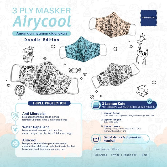 Toko Sritex Masker Doodle Airycool 3ply Kids - Putih - 1 PC