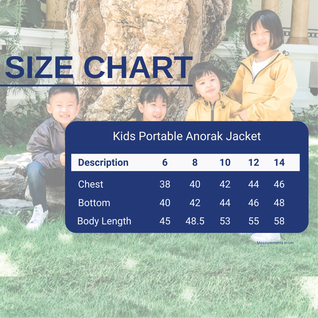 Kids Portable Anorak Jacket Yellow Size Chart