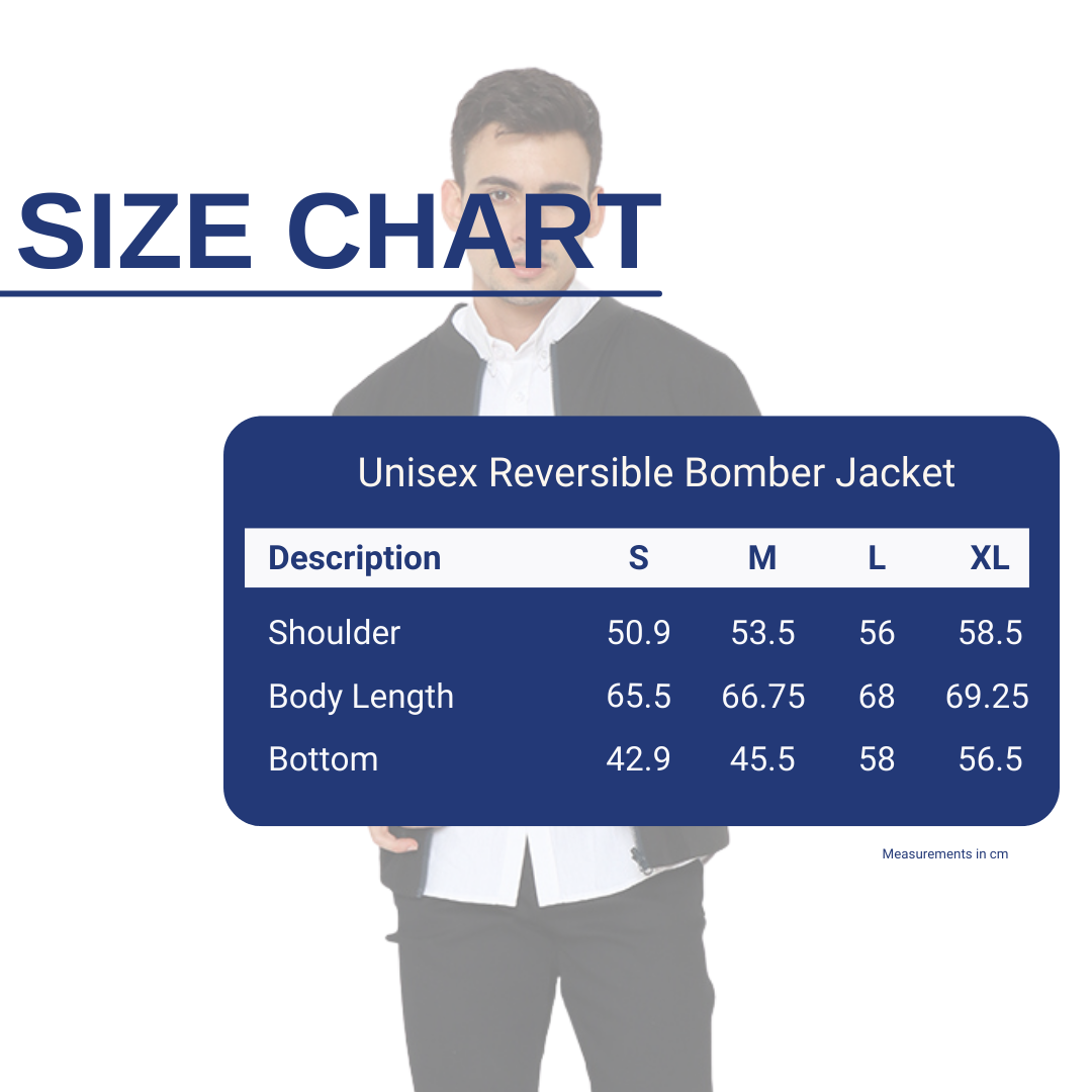 Unisex Reversible Bomber Jacket Solid Size Chart