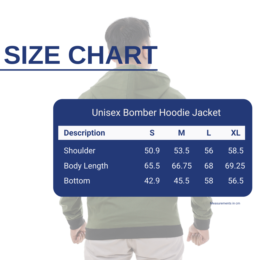 Unisex Bomber Hoodie Jacket Olive Size Chart