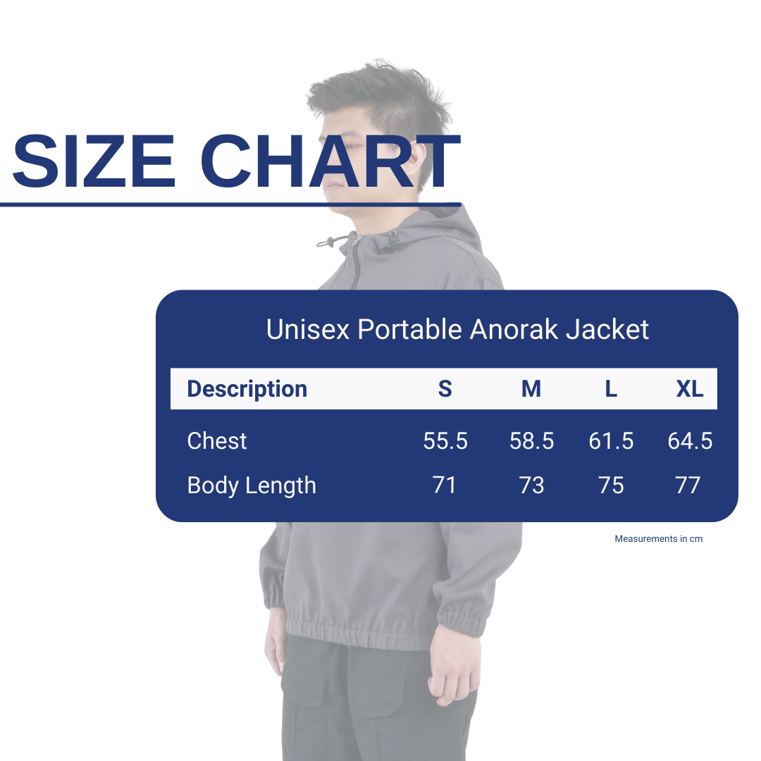 Unisex Portable Anorak Jacket Grey Size Chart