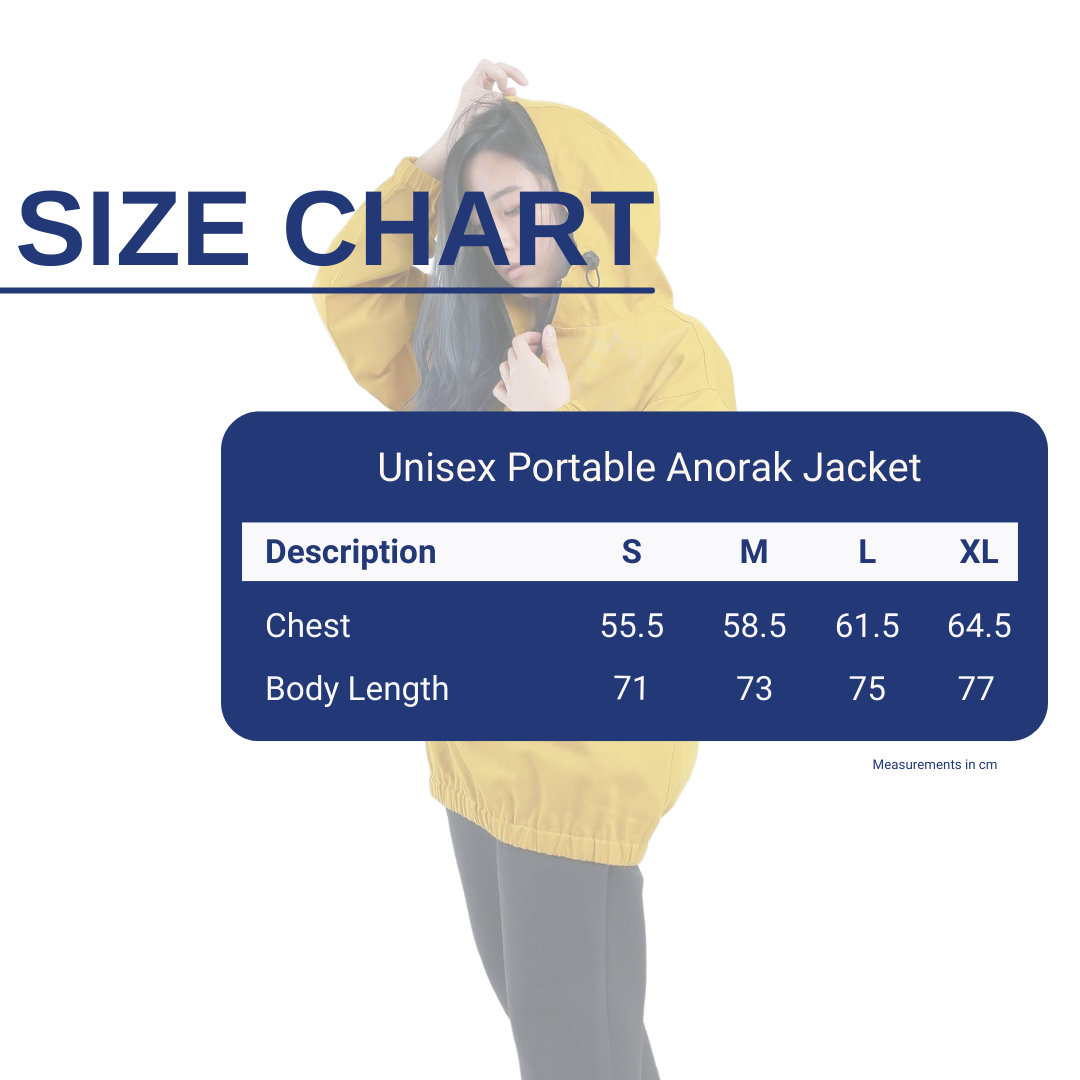 Unisex Portable Anorak Jacket Yellow Size Chart
