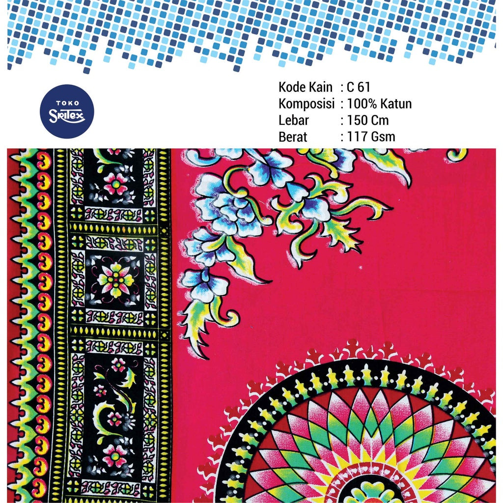 Toko Sritex Kain Katun Print Batik Mandala Premium Ekspor C61. Harga per 45cm, Lebar 150cm. Cocok Untuk Baju Atasan, Dress, Tunik, Rok, Celana.