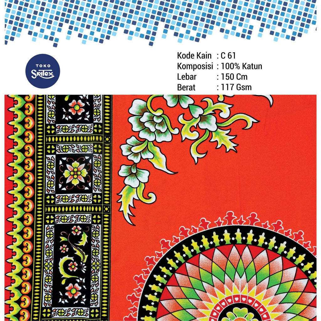 Toko Sritex Kain Katun Print Batik Mandala Premium Ekspor C61. Harga per 45cm, Lebar 150cm. Cocok Untuk Baju Atasan, Dress, Tunik, Rok, Celana.