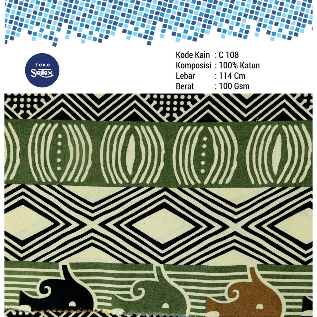 Toko Sritex Kain Katun Print Batik Gajah Premium Ekspor C108. Harga per 45cm, Lebar 114cm. Cocok Untuk Baju Atasan, Dress, Tunik, Rok, Celana.