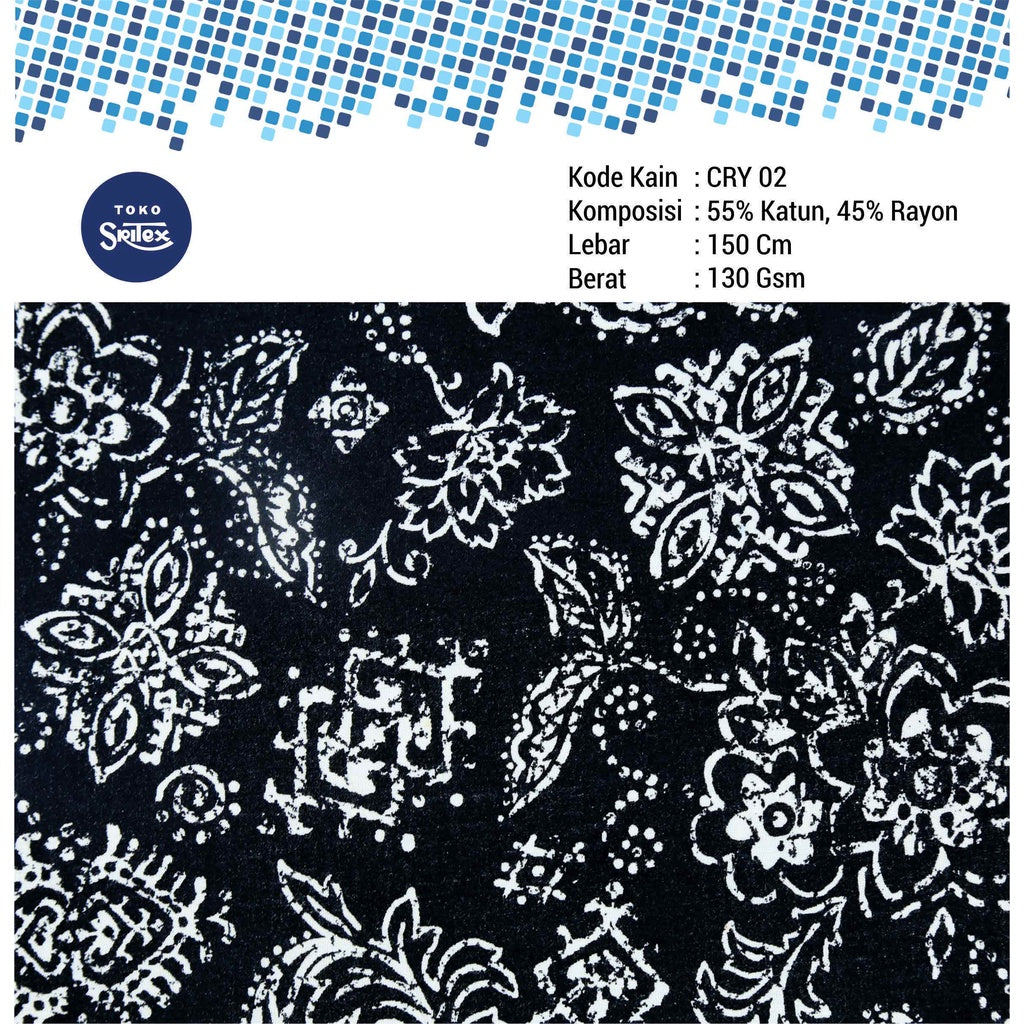 Toko Sritex Kain Katun Rayon Print Batik 0006 Premium Ekspor CRY02. Harga per 45cm, Lebar 150cm. Cocok Untuk Baju Atasan, Dress, Tunik, Rok, Celana.