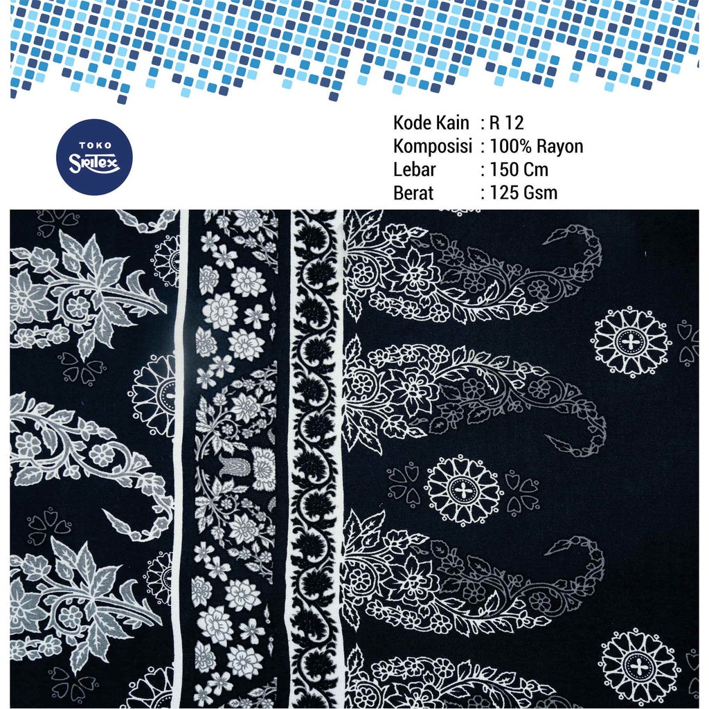 Toko Sritex Kain Rayon Print Batik 0004 Premium Ekspor, R12. Harga per 45cm, Lebar 150cm, Cocok Untuk Kemeja, Baju atasan, Dress, Tunik, Rok, Celana, Piyama, Mukena.