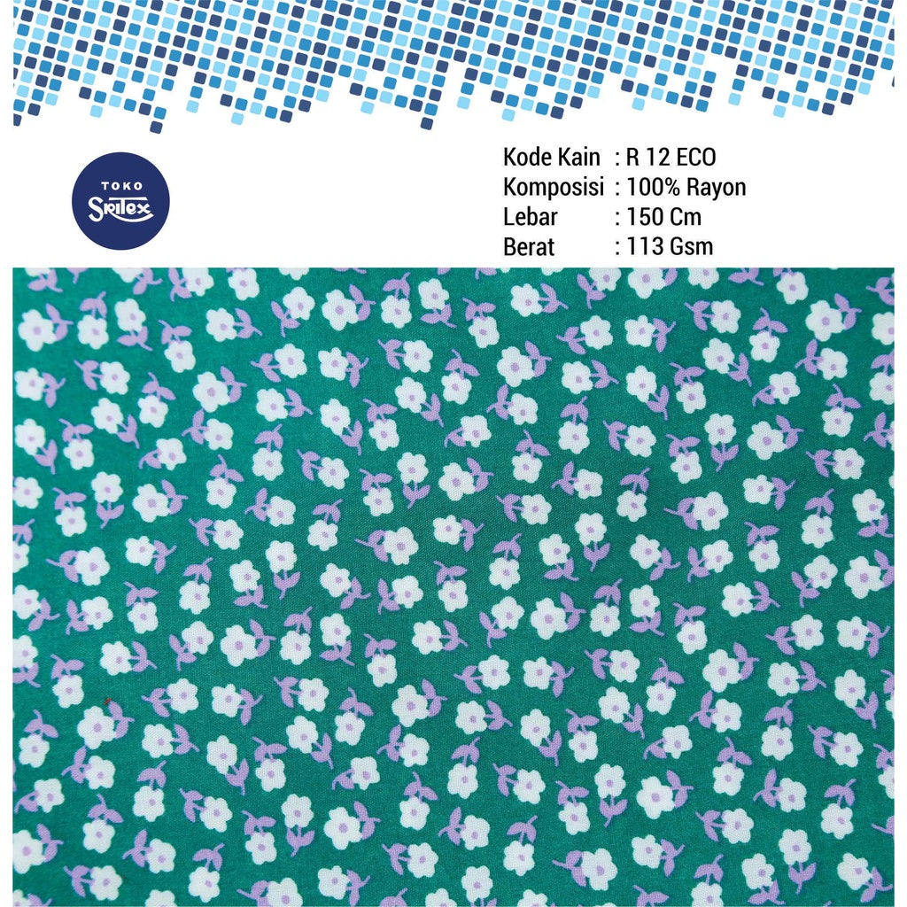Toko Sritex Kain Rayon Print Bunga 0013 Premium Ekspor, R12 Ecovero. Harga per 45cm, Lebar 150cm, Cocok Untuk Kemeja, Baju atasan, Dress, Tunik, Rok, Celana, Piyama, Mukena.