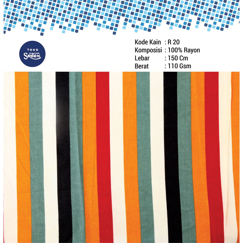 Toko Sritex Kain Rayon Print Salur 0003 Premium Ekspor R20. Harga per 45cm, Lebar 150cm, Cocok Untuk Kemeja, Baju atasan, Dress, Tunik, Rok, Celana, Piyama, Mukena.