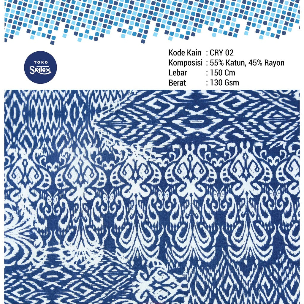 Toko Sritex Kain Katun Rayon Print Batik 0005 Premium Ekspor CRY02. Harga per 45cm, Lebar 150cm. Cocok Untuk Baju Atasan, Dress, Tunik, Rok, Celana.