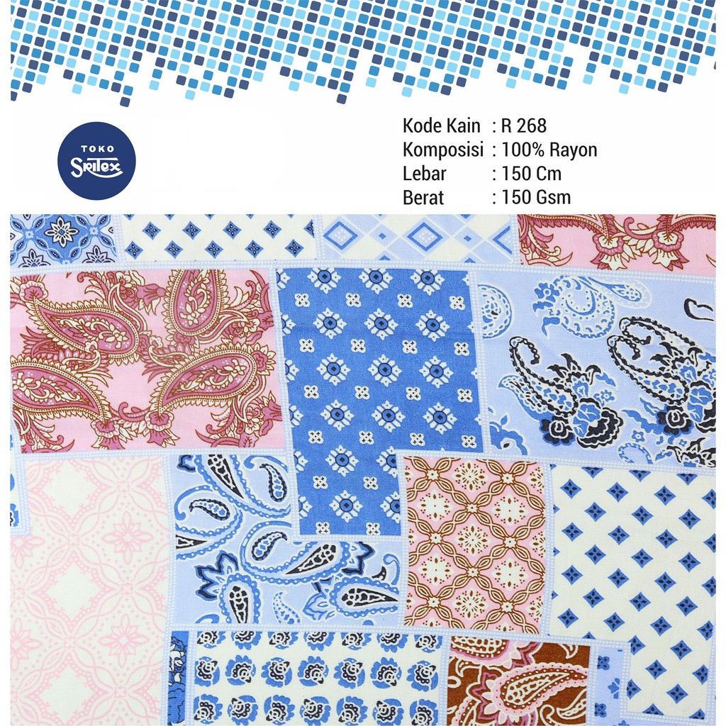 Toko Sritex Kain Rayon Print Batik Patchwork Premium Ekspor, R268. Harga per 45cm, Lebar 150cm, Cocok Untuk Atasan, Dress, Tunik, Rok, Piyama, Mukena.