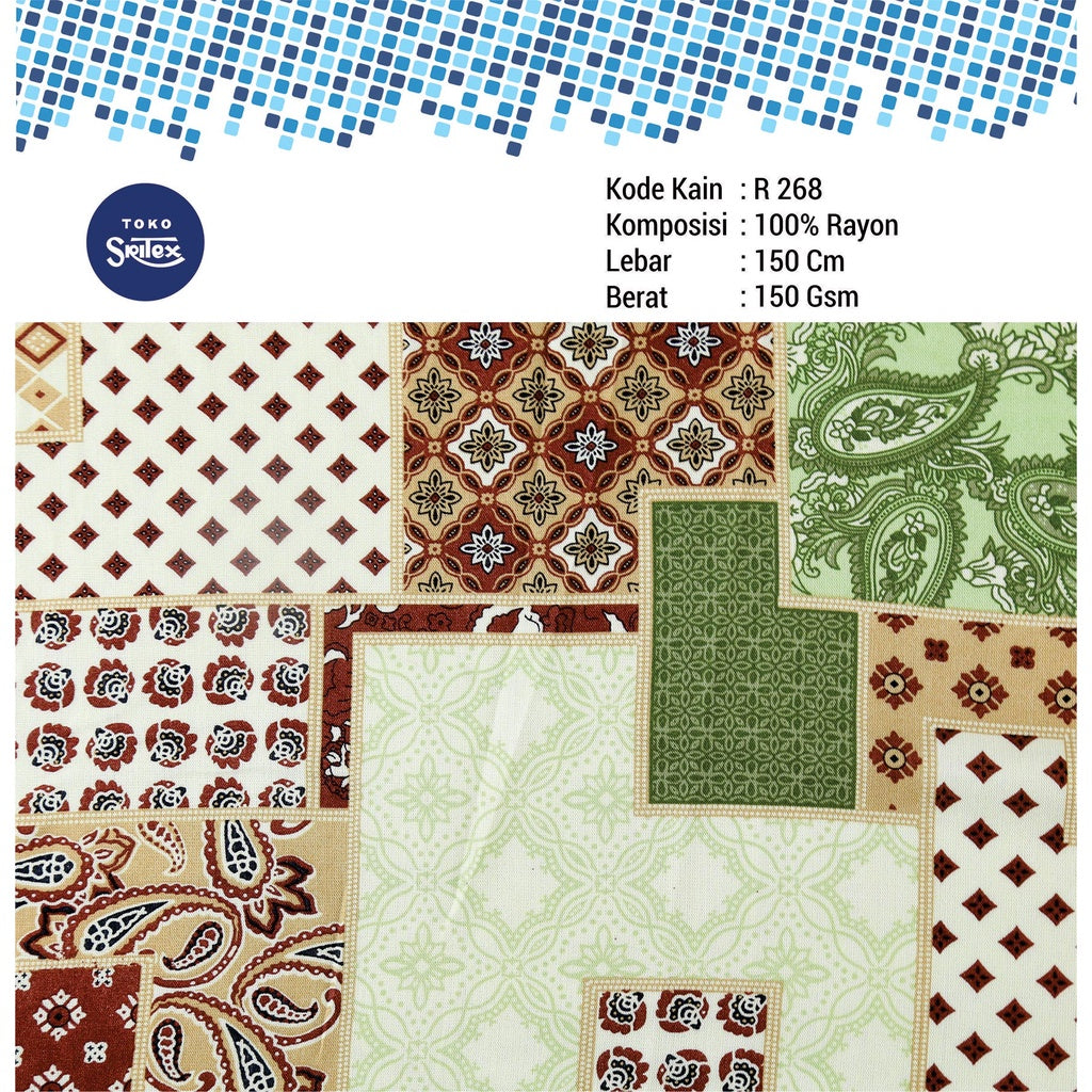 Toko Sritex Kain Rayon Print Batik Patchwork Premium Ekspor, R268. Harga per 45cm, Lebar 150cm, Cocok Untuk Atasan, Dress, Tunik, Rok, Piyama, Mukena.