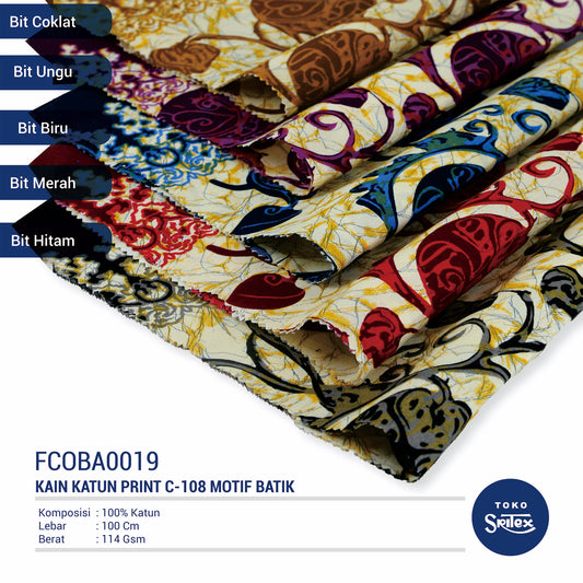Toko Sritex Kain Katun Print Batik Bit Premium C108. Per 45cm, Lebar 114cm Bahan Atasan, Dress, dll