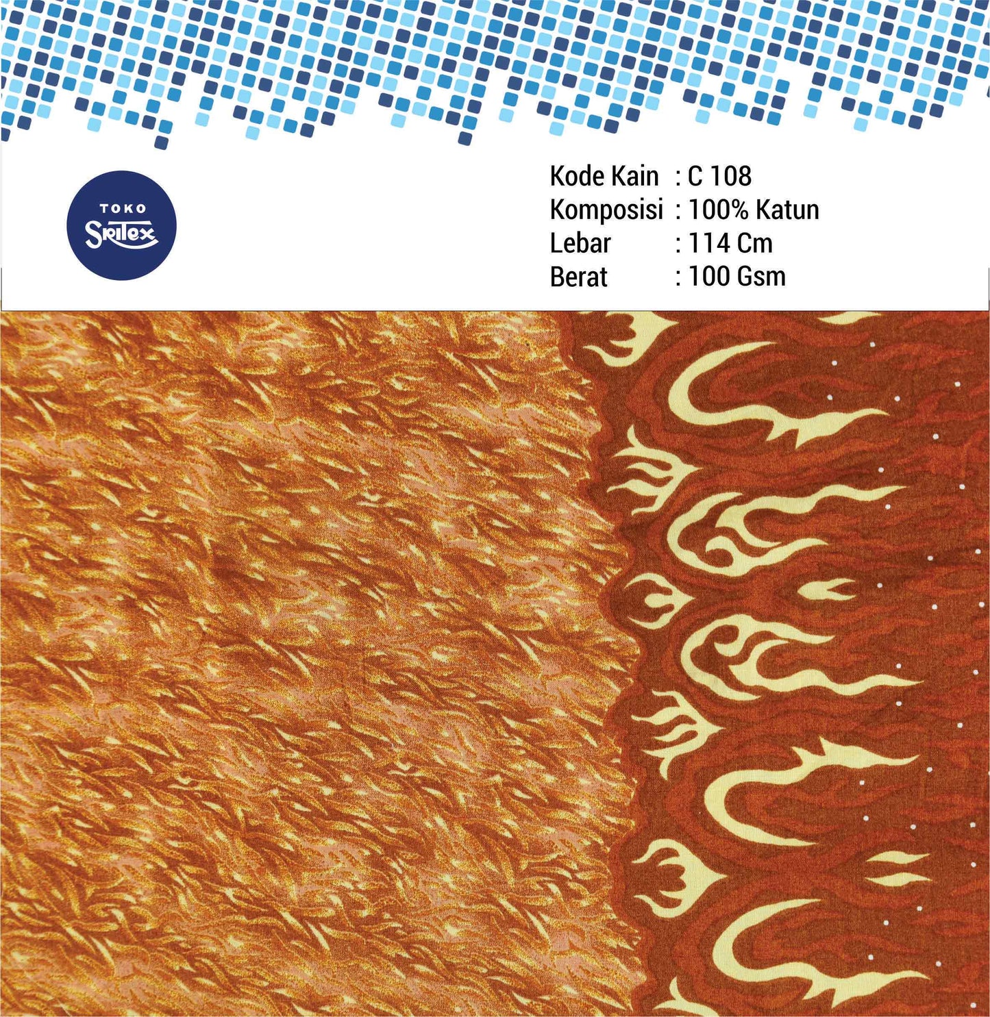 Toko Sritex Kain Katun Print Batik Api Premium Ekspor C108. Harga per 45cm, Lebar 114cm
