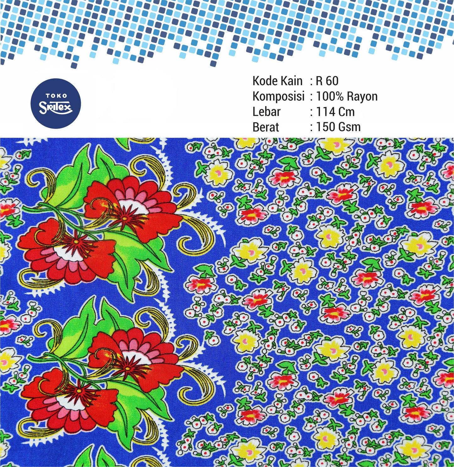 Toko Sritex Kain Rayon Print Bunga 0043 Premium Ekspor, R60. Harga per 45cm, Lebar 114cm