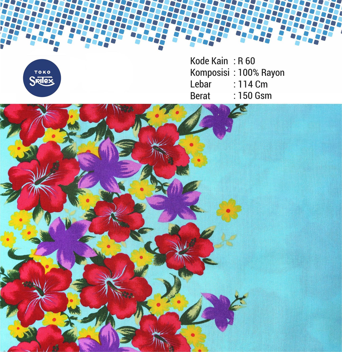 Toko Sritex Kain Rayon Print Bunga 0051 Premium Ekspor, R60. Harga per 45cm, Lebar 114cm