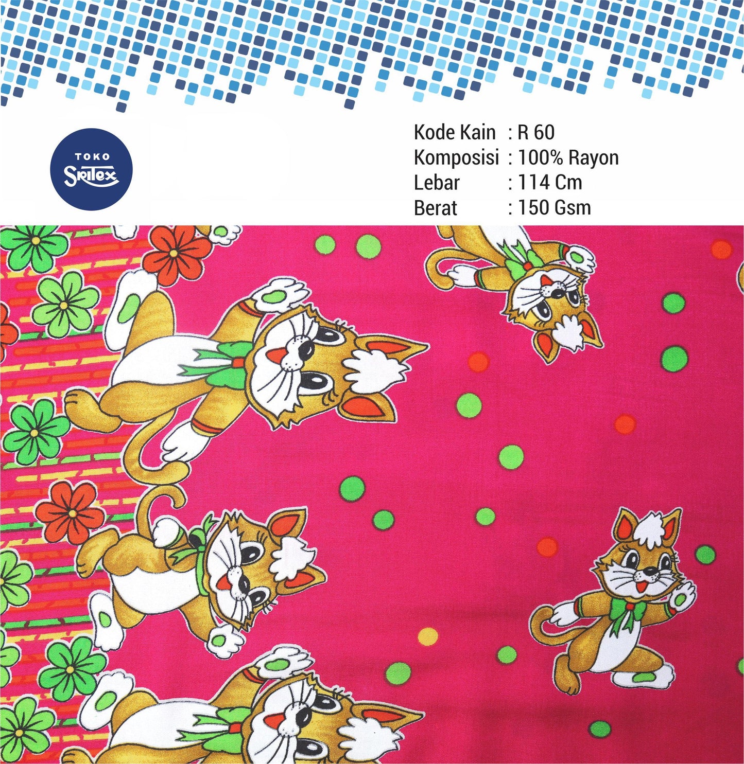 Toko Sritex Kain Rayon Print Animasi 0007 Premium Ekspor, R60. Harga per 45cm, Lebar 114cm