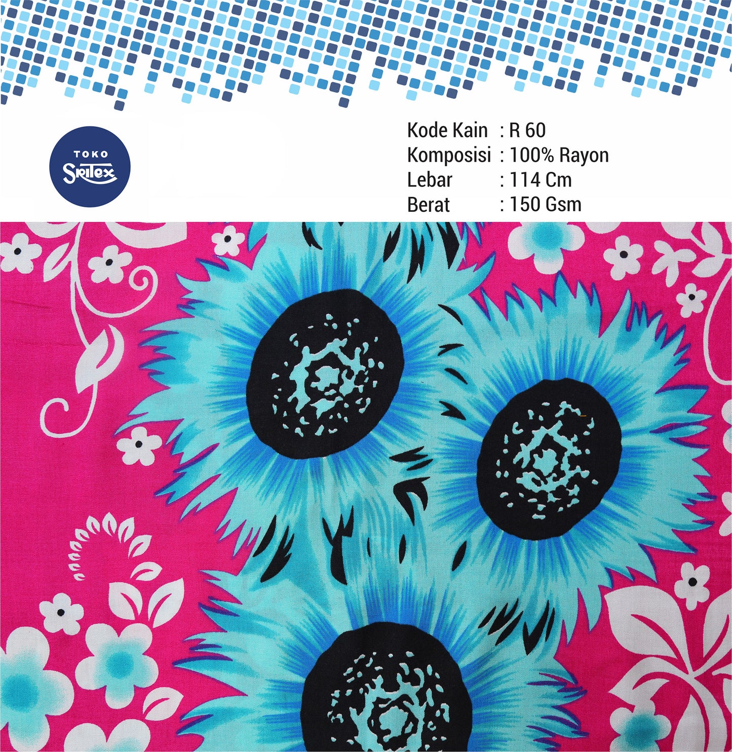 Toko Sritex Kain Rayon Print Bunga 0053 Premium Ekspor, R60. Harga per 45cm, Lebar 150cm