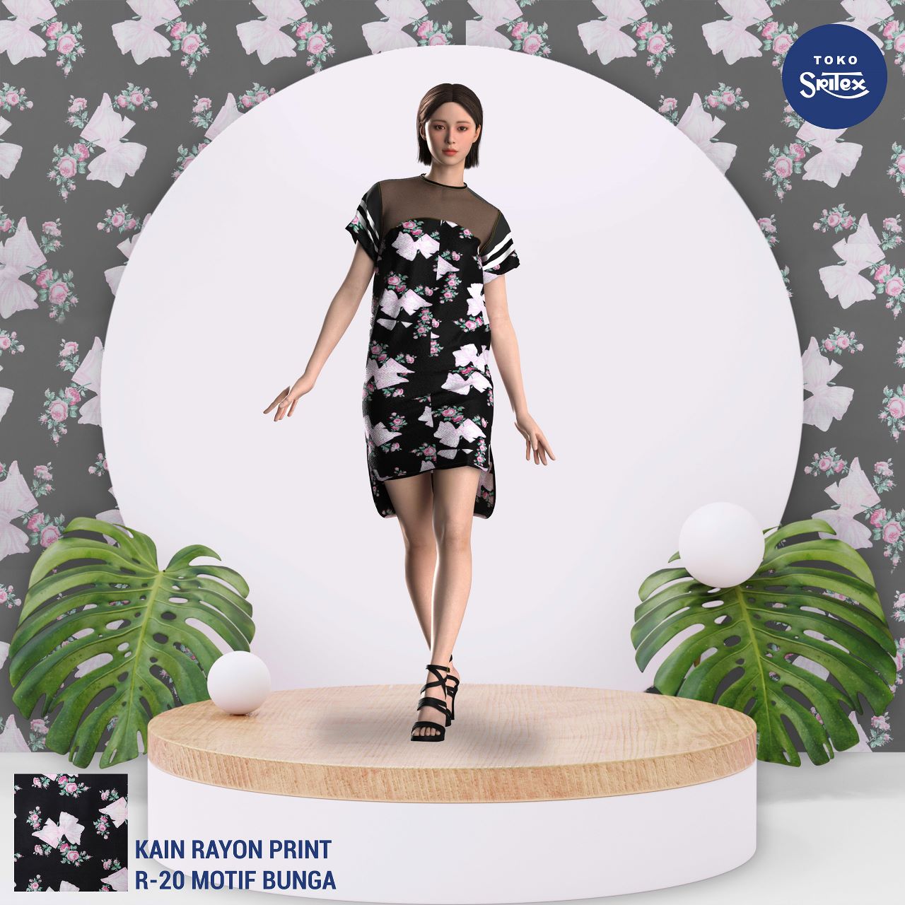 Toko Sritex Kain Rayon Print Bunga Pita Premium Ekspor R20. Harga per 45cm, Lebar 150cm.