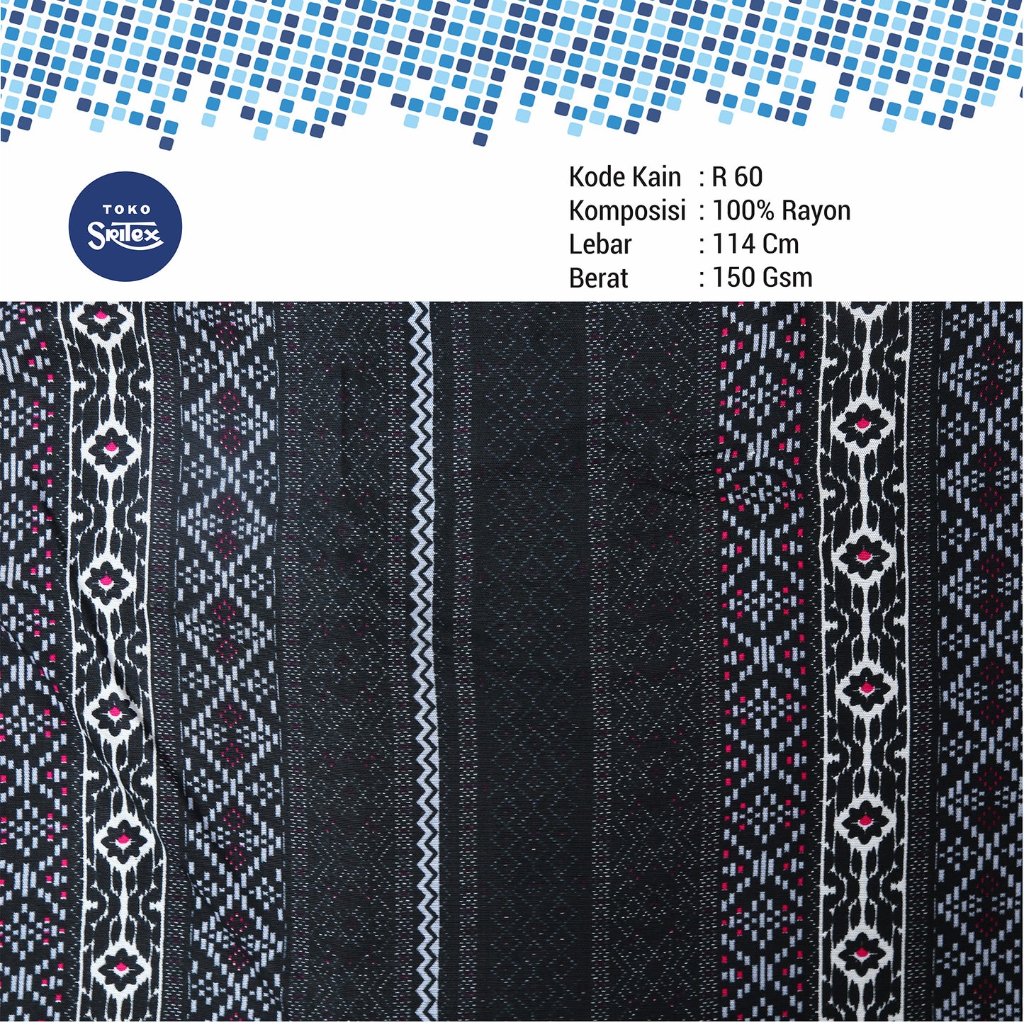 Toko Sritex Kain Rayon Print Batik Etnik Premium Ekspor, R60. Harga per 45cm, Lebar 114cm,