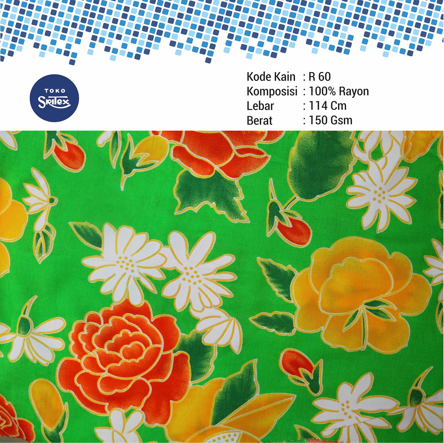 Toko Sritex Kain Rayon Print Bunga Mawar Premium Ekspor, R60. Harga per 45cm, Lebar 114cm,