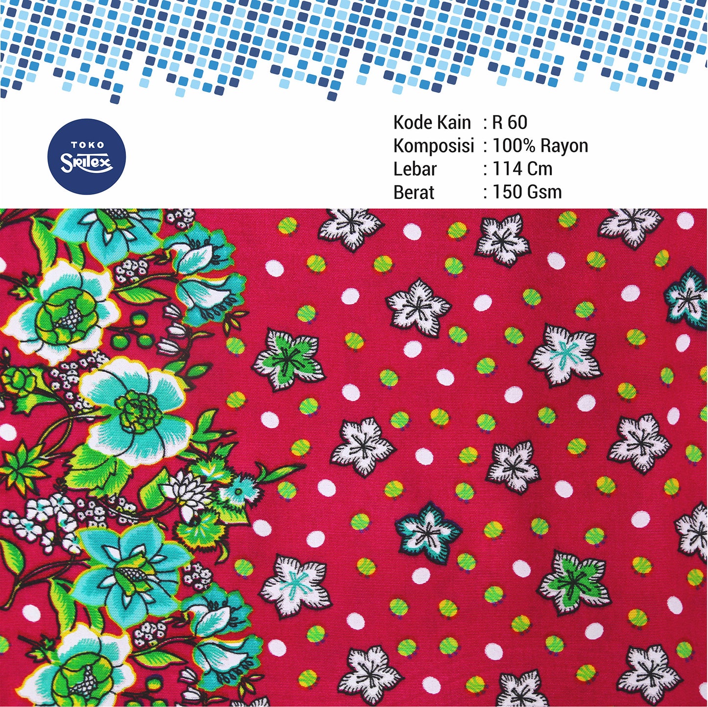 Toko Sritex Kain Rayon Print Bunga Bintang Premium Ekspor, R60. Harga per 45cm, Lebar 114cm.