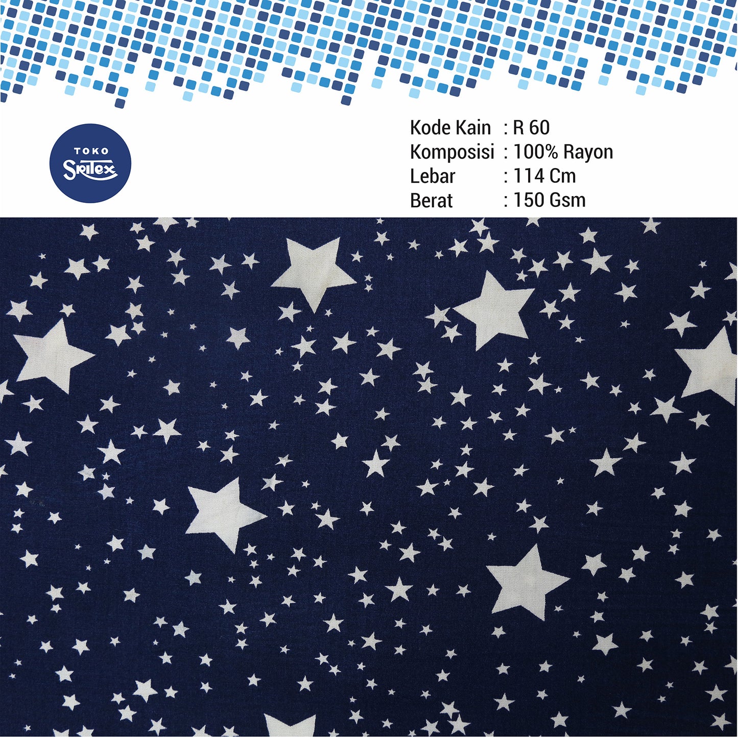 Toko Sritex Kain Rayon Print Abstrak Bintang Premium Ekspor, R60. Harga per 45cm, Lebar 114cm.