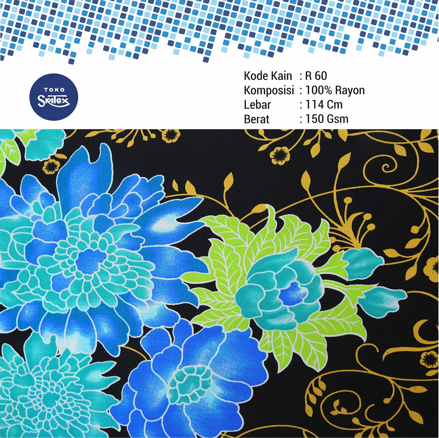 Toko Sritex Kain Rayon Print Laskar Bunga Premium Ekspor, R60. Harga per 45cm, Lebar 114cm,