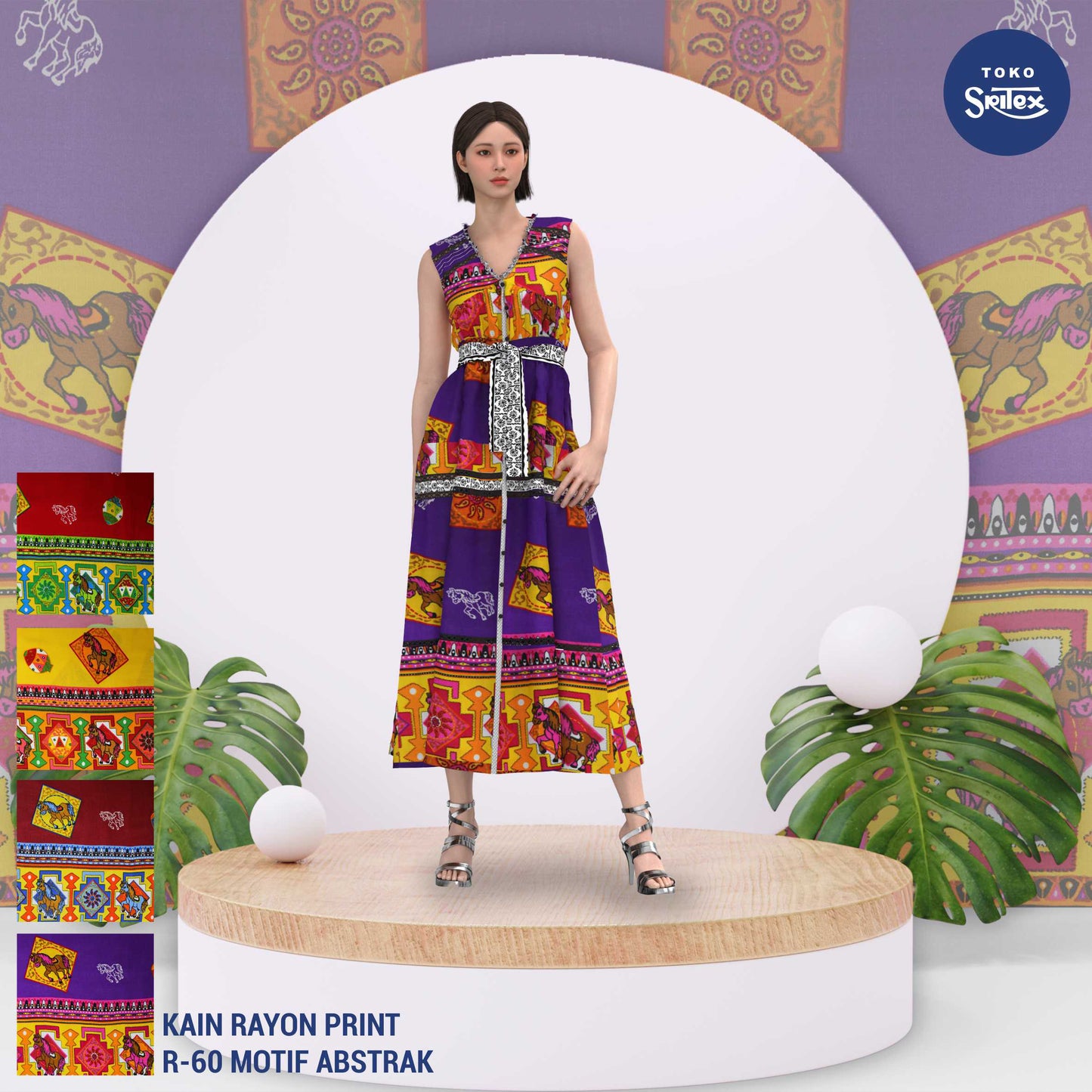 Toko Sritex Kain Rayon Print Batik Kuda Premium Ekspor, R60. Harga per 45cm, Lebar 114cm.