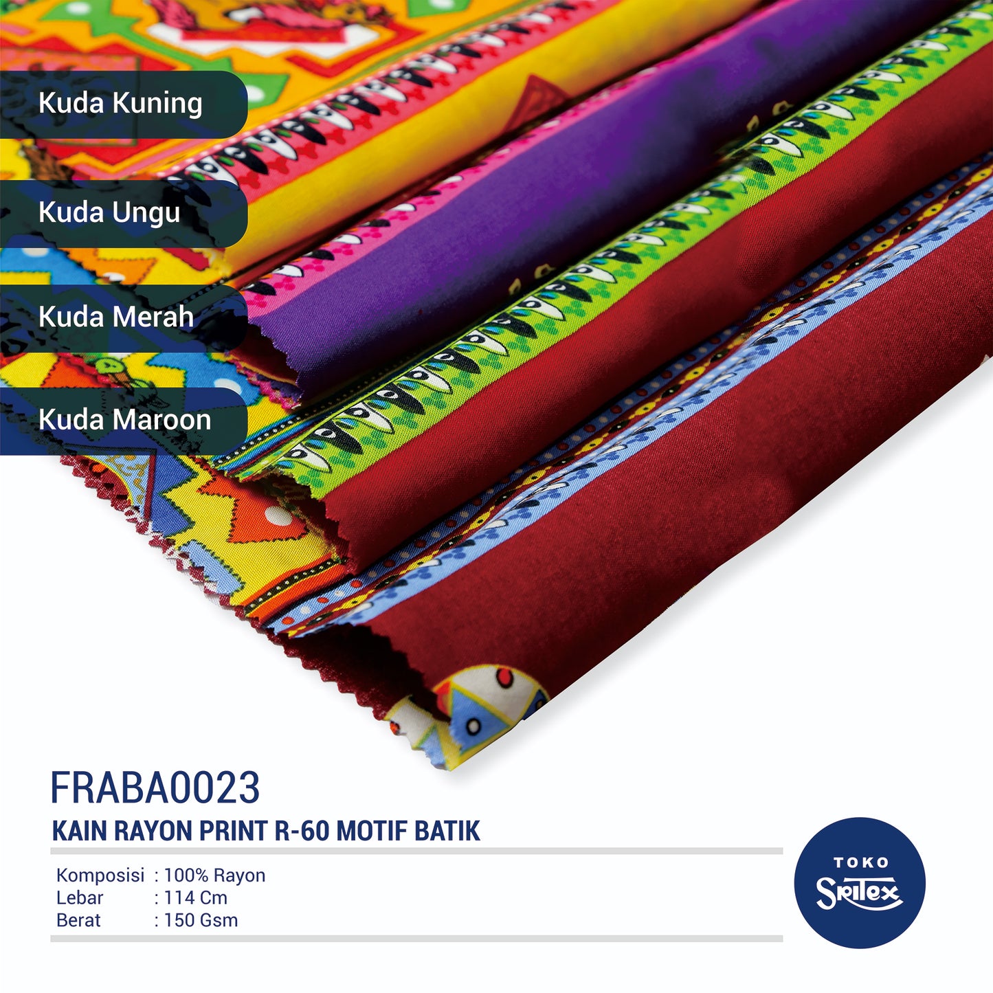 Toko Sritex Kain Rayon Print Batik Kuda Premium Ekspor, R60. Harga per 45cm, Lebar 114cm.