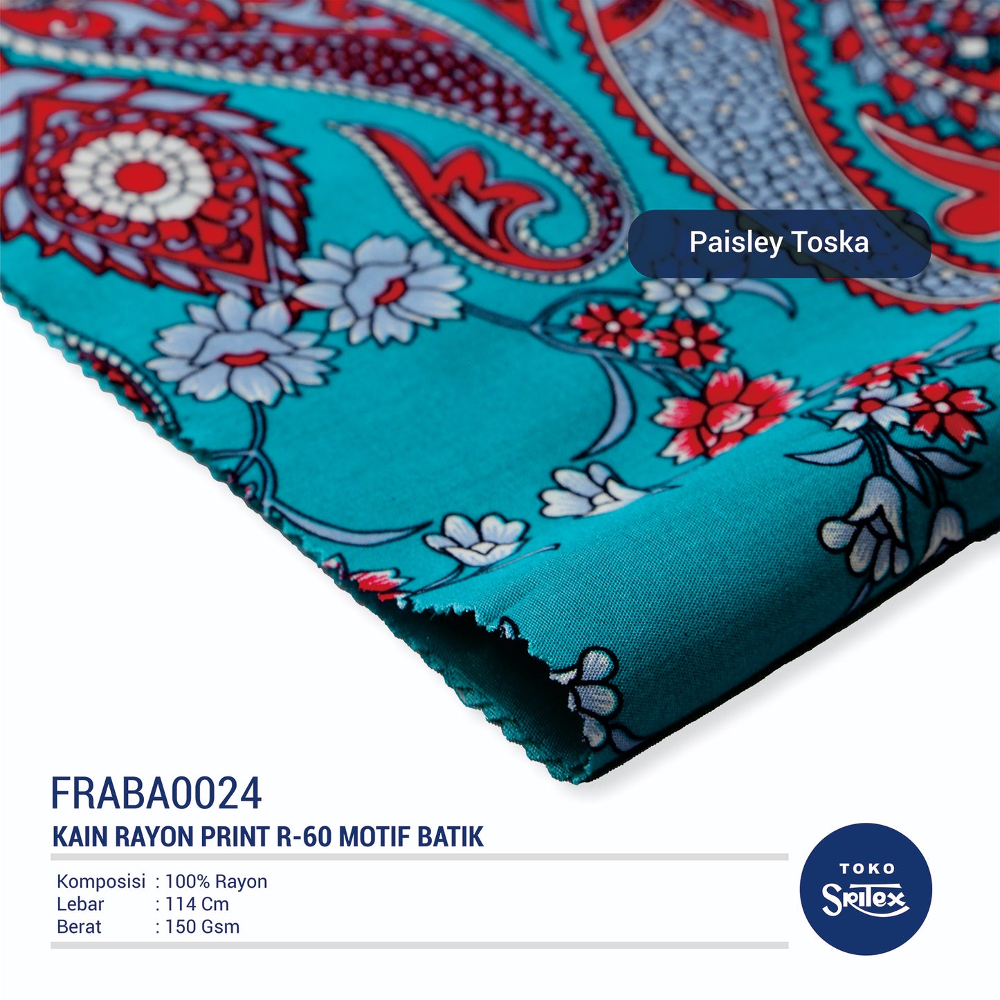 Toko Sritex Kain Rayon Print Batik Paisley Premium Ekspor, R60. Harga per 45cm, Lebar 114cm,