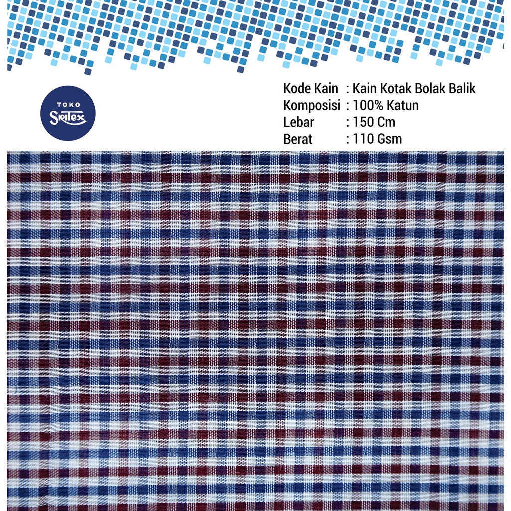Toko Sritex Kain Katun Kotak Bolak Balik Premium Ekspor. Harga per 45cm, Lebar 150cm. Cocok Untuk Baju Atasan, Dress, Tunik, Rok, Celana.